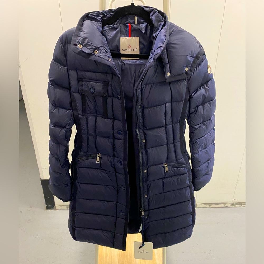 MONCLER navy puffer zip front hooded jacket